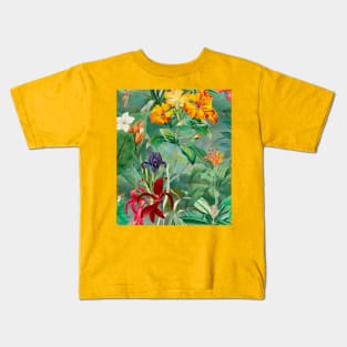 Colorful tropical floral leaves botanical illustration, tropical plants,leaves and flowers, green  leaves pattern Kids T-Shirt